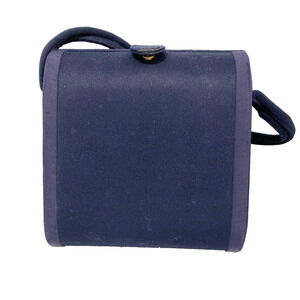 Vintage Mid Century Box Style Hand Bag Top Handle Purse Navy Blue Wool Classic